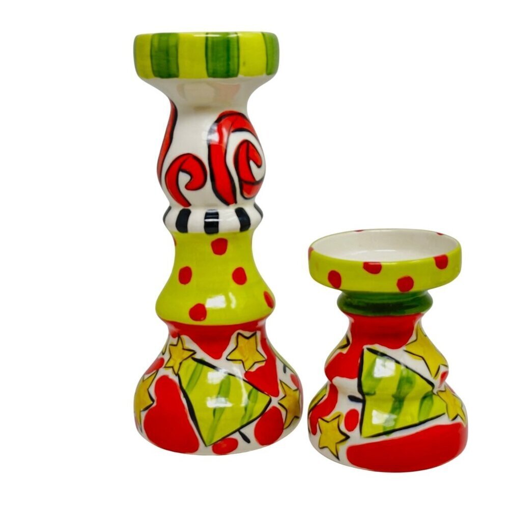 Vicki Carroll Razzle Dazzle Candlestick Holders Hand Painted Ceramic Pair